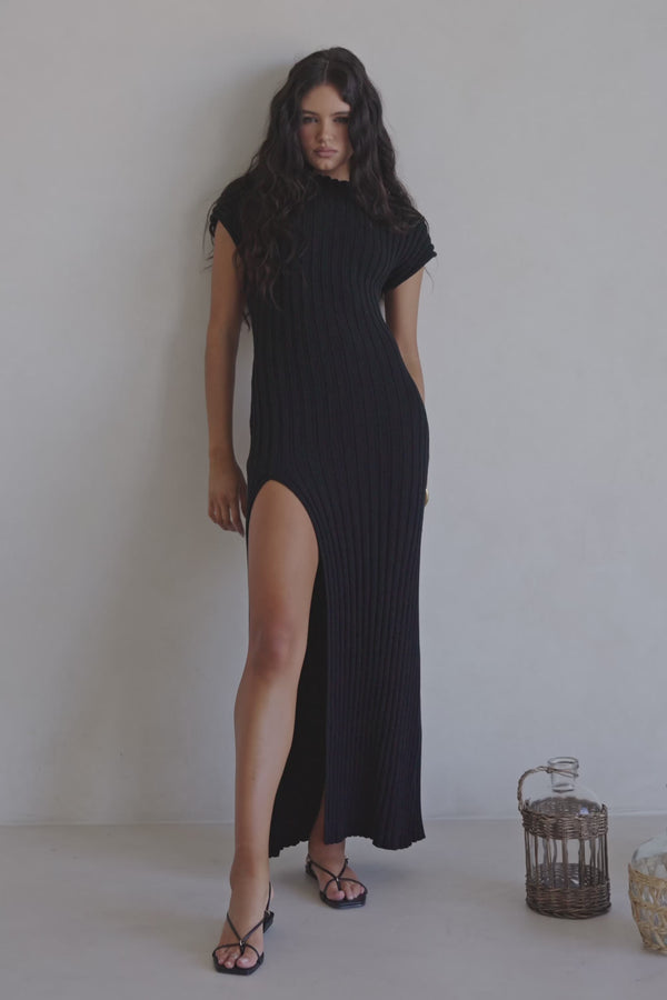 Black High Neck Short Sleeve Split Maxi Gemini Dress