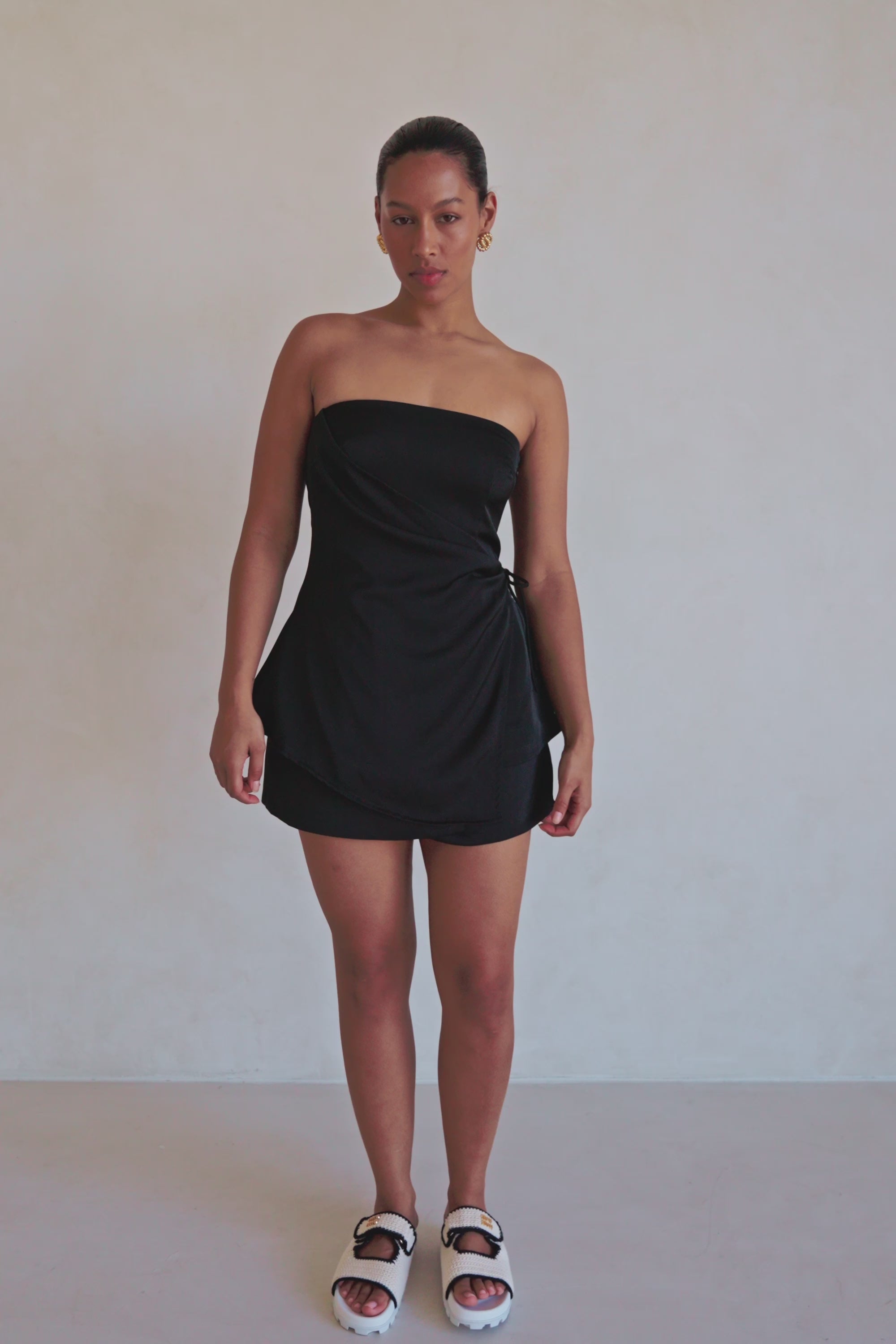 Black Strapless Waist Tie Drape Kleo Top