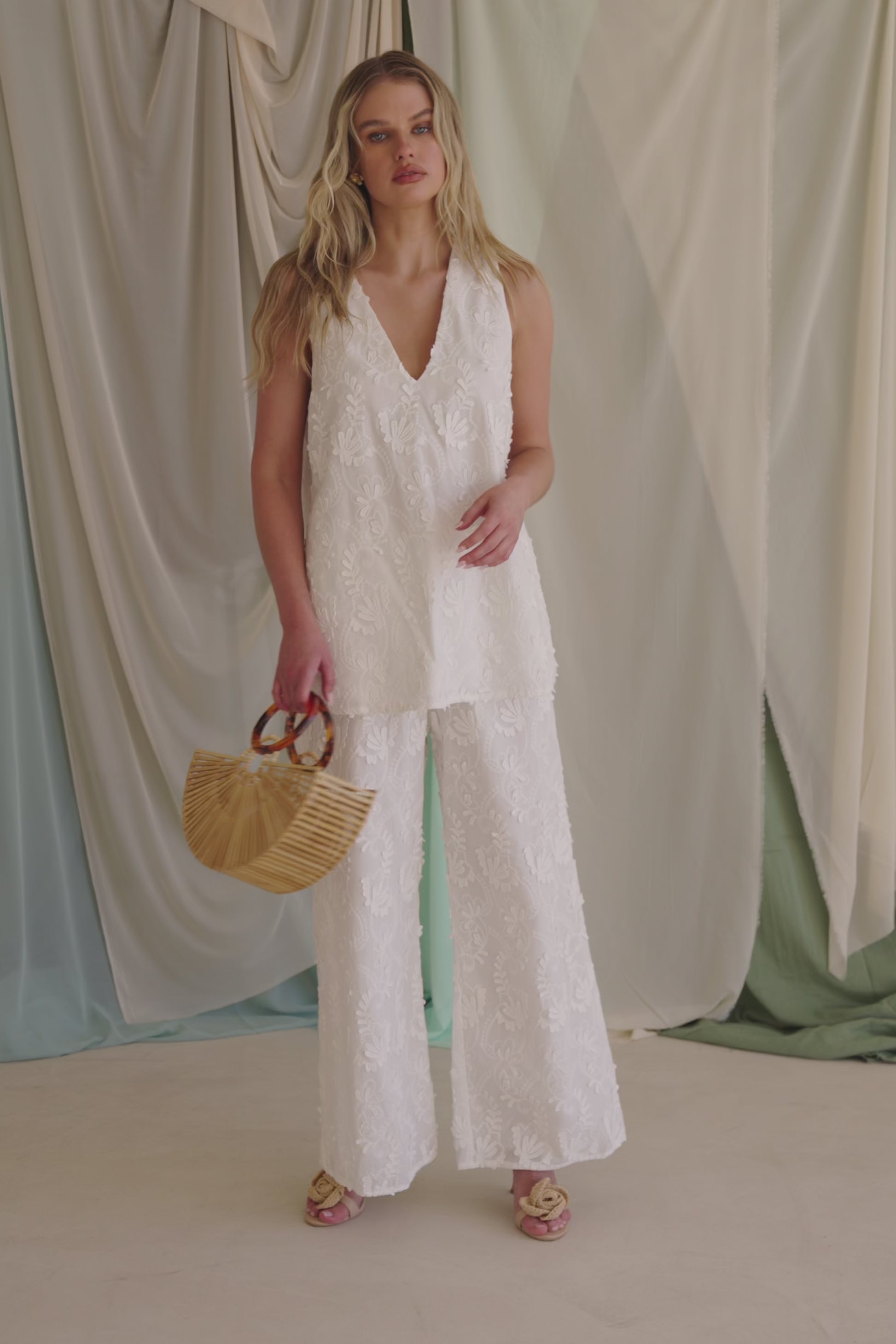 White Leafy Motif V Neck Cambria Top