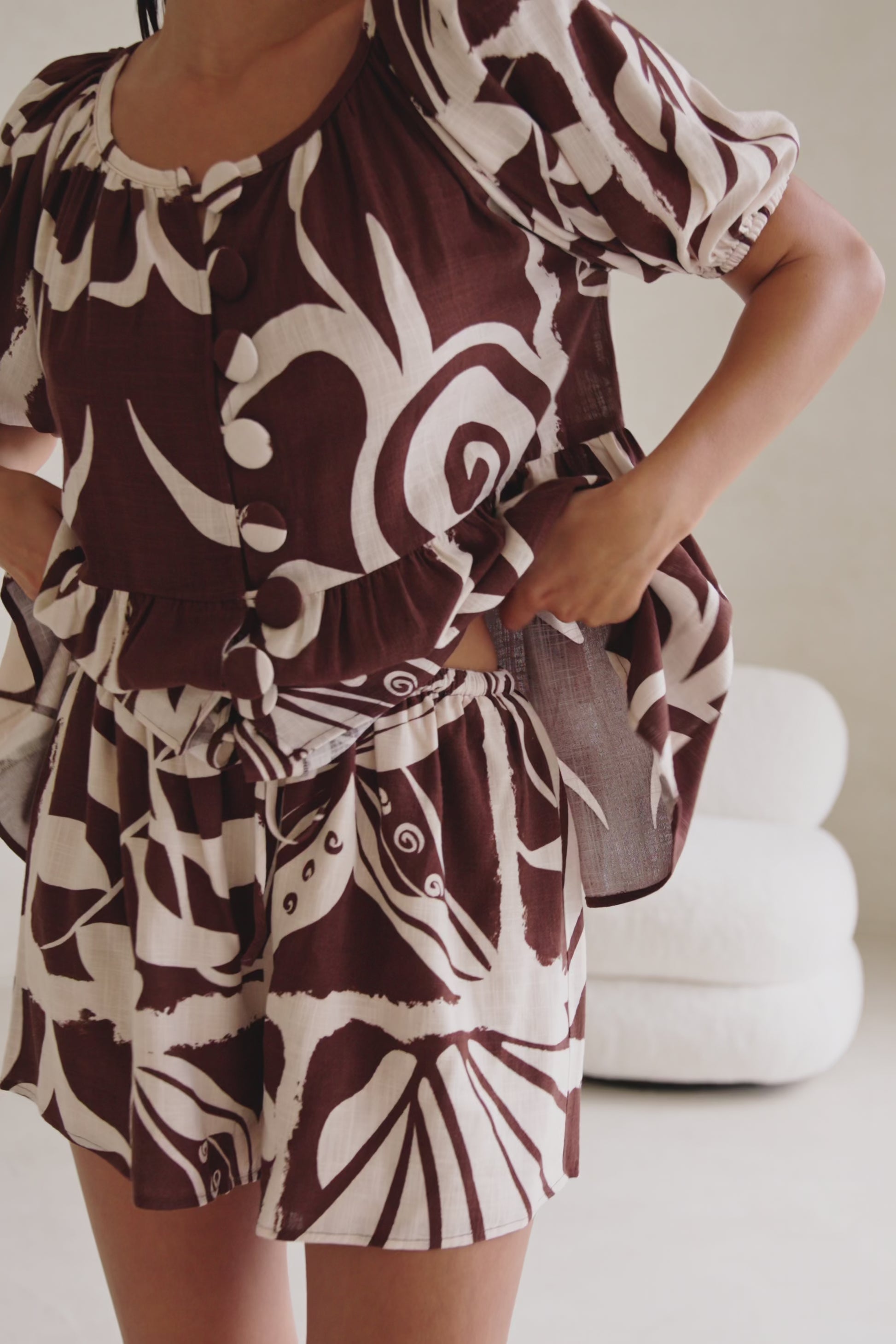 Cream and Brown Painted Tiles Print Scarlet Shorts