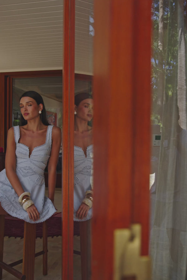 Blue Starfish Broderie Wide Strap Flounce Mini Divino Dress