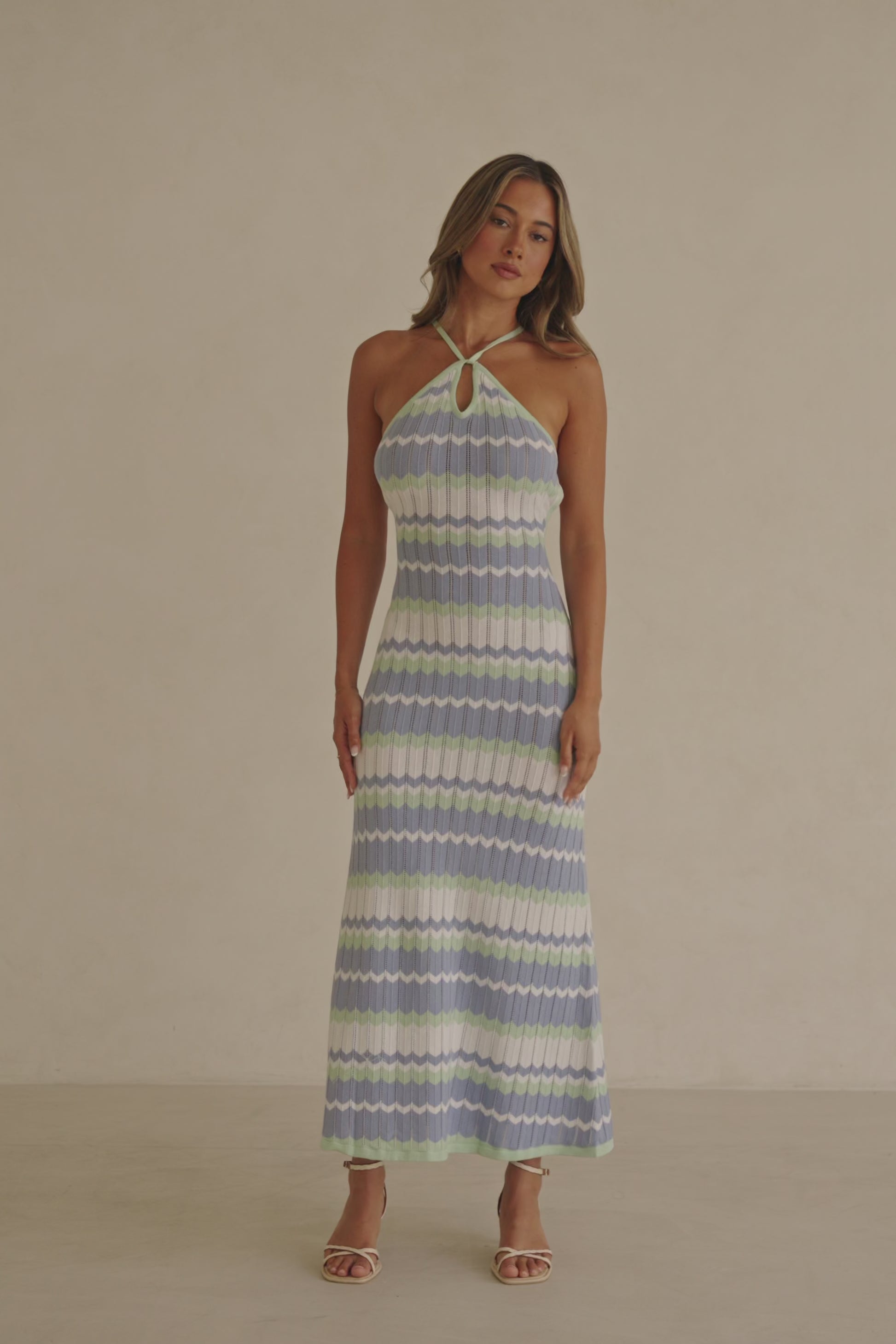 White Blue and Green Stripe Knit Halter Maxi Bexley Dress