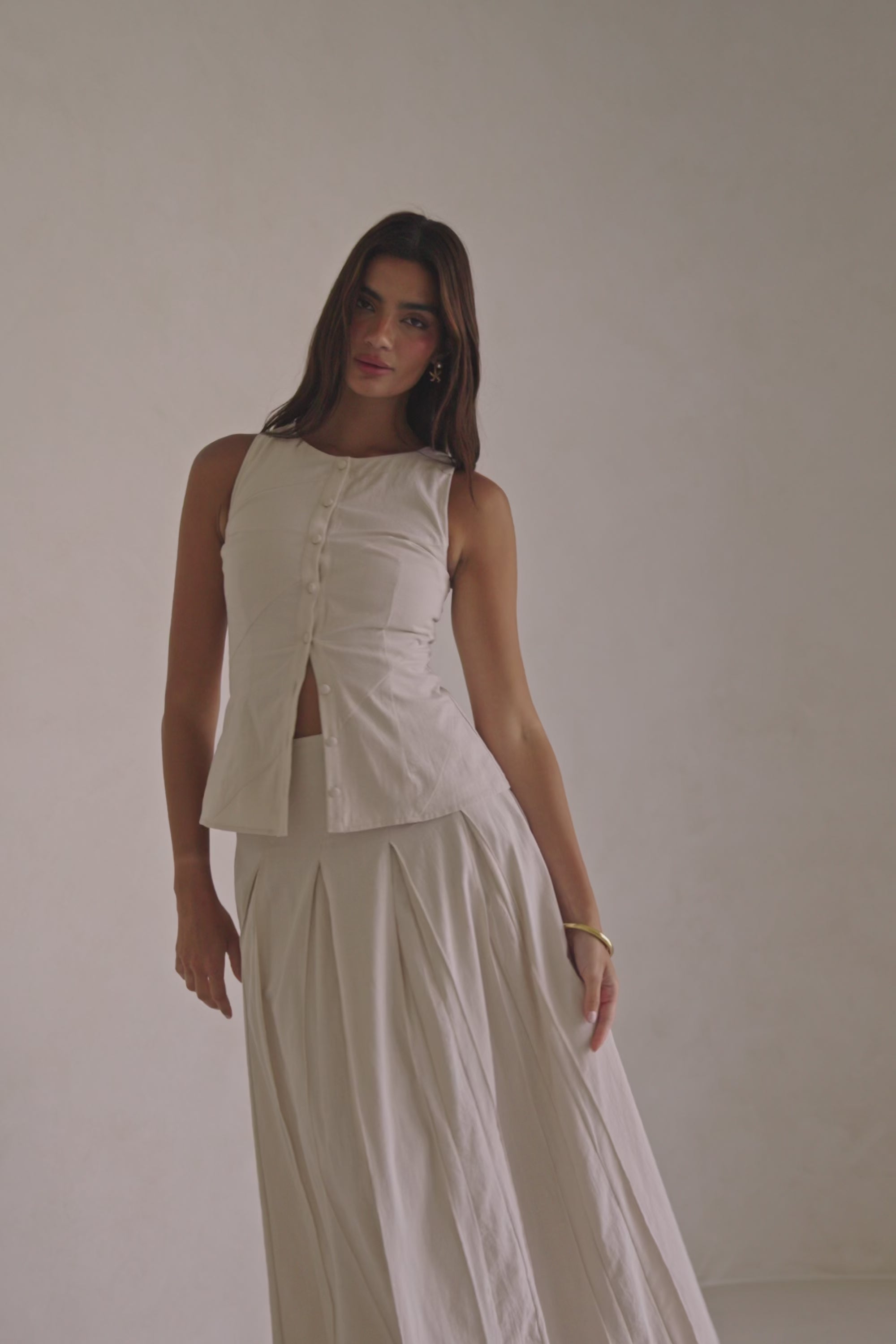 Beige Cotton A Line Pleated Maxi Adri Skirt