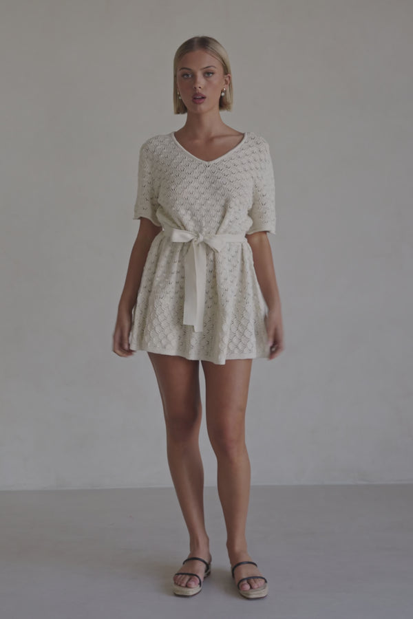 Cream Pointelle Knit Waist Tie Mini Demi Dress