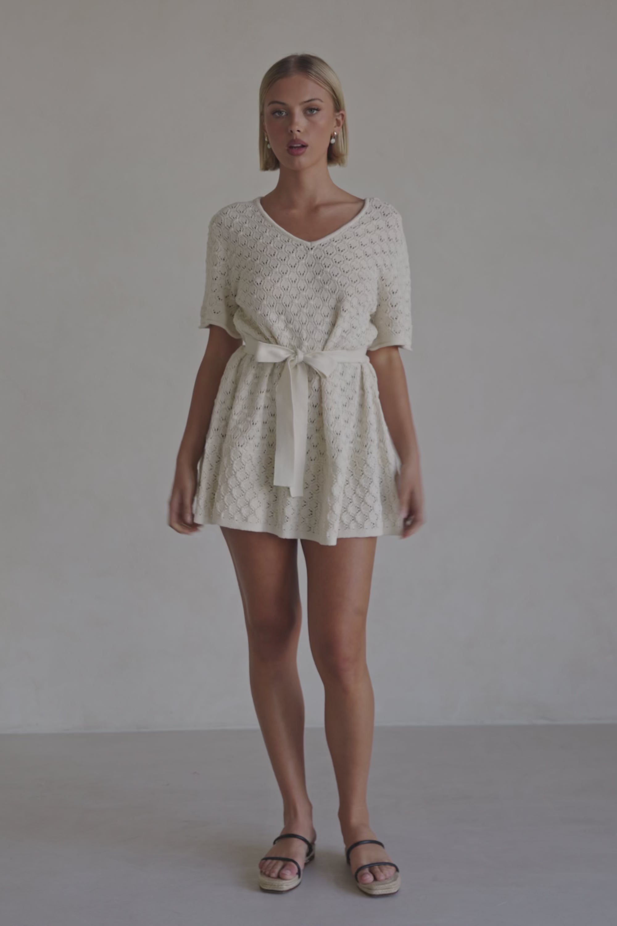 Cream Pointelle Knit Waist Tie Mini Demi Dress