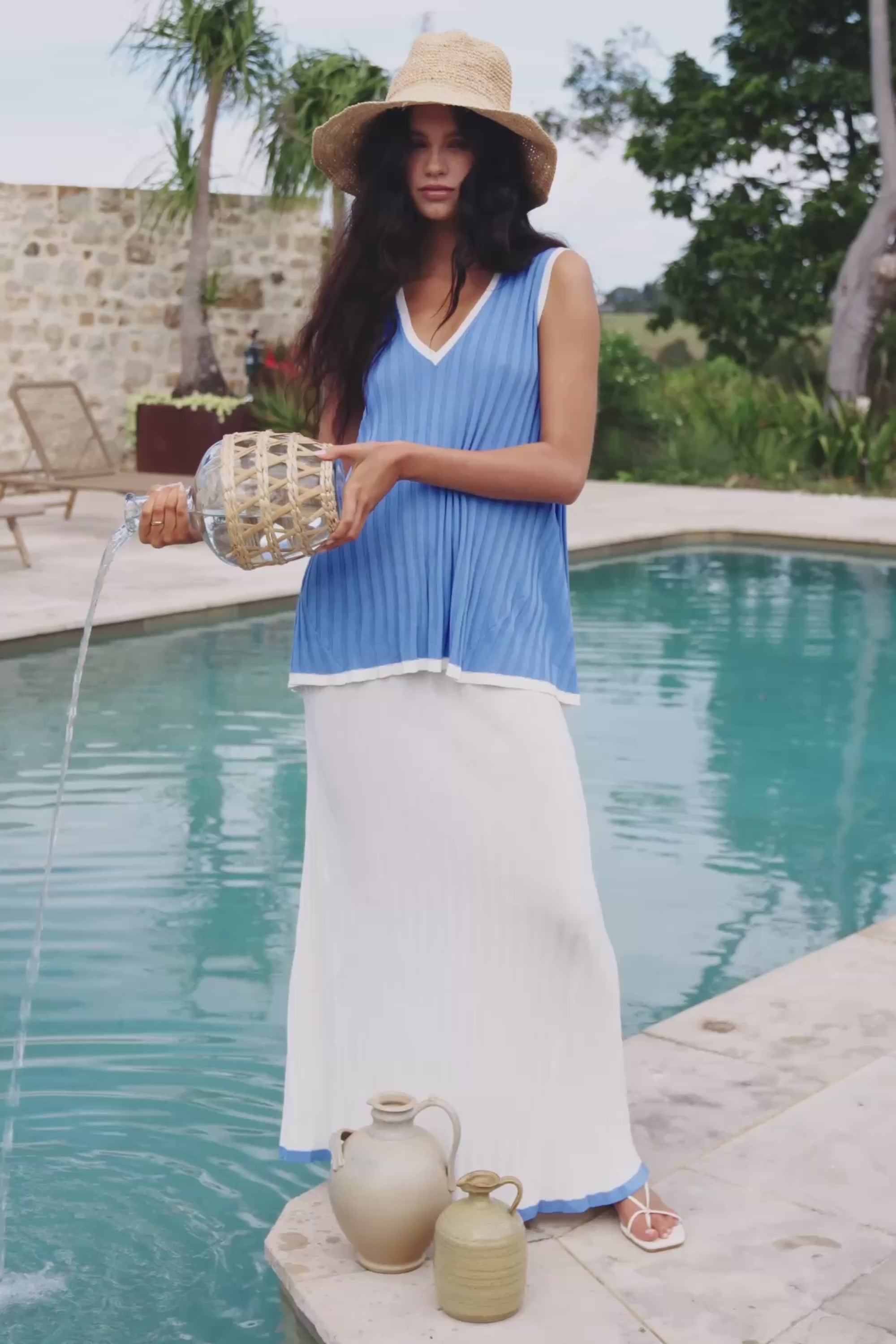 White and Blue Ribbed A Line Maxi Silla Skirt