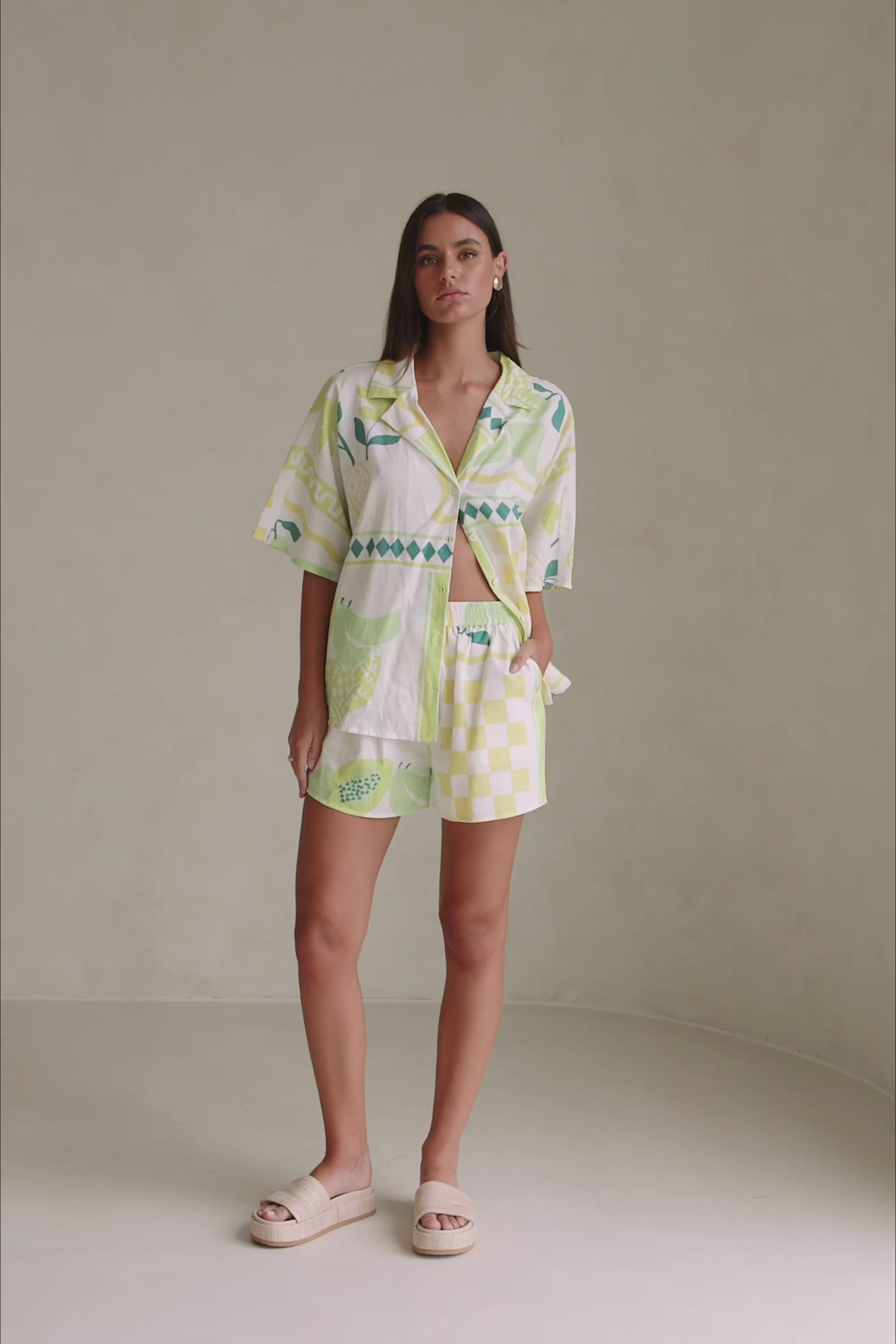White Prego Verde Print Button Up Collar Seona Top