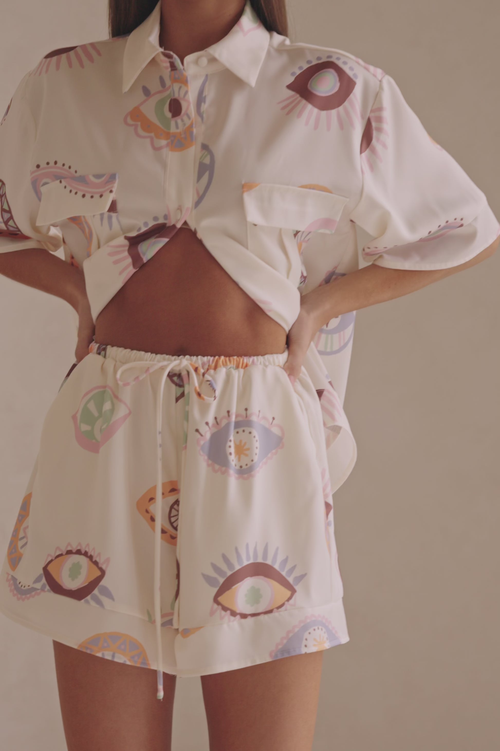 Cream Matia Print Elastic Drawstring Marika Shorts