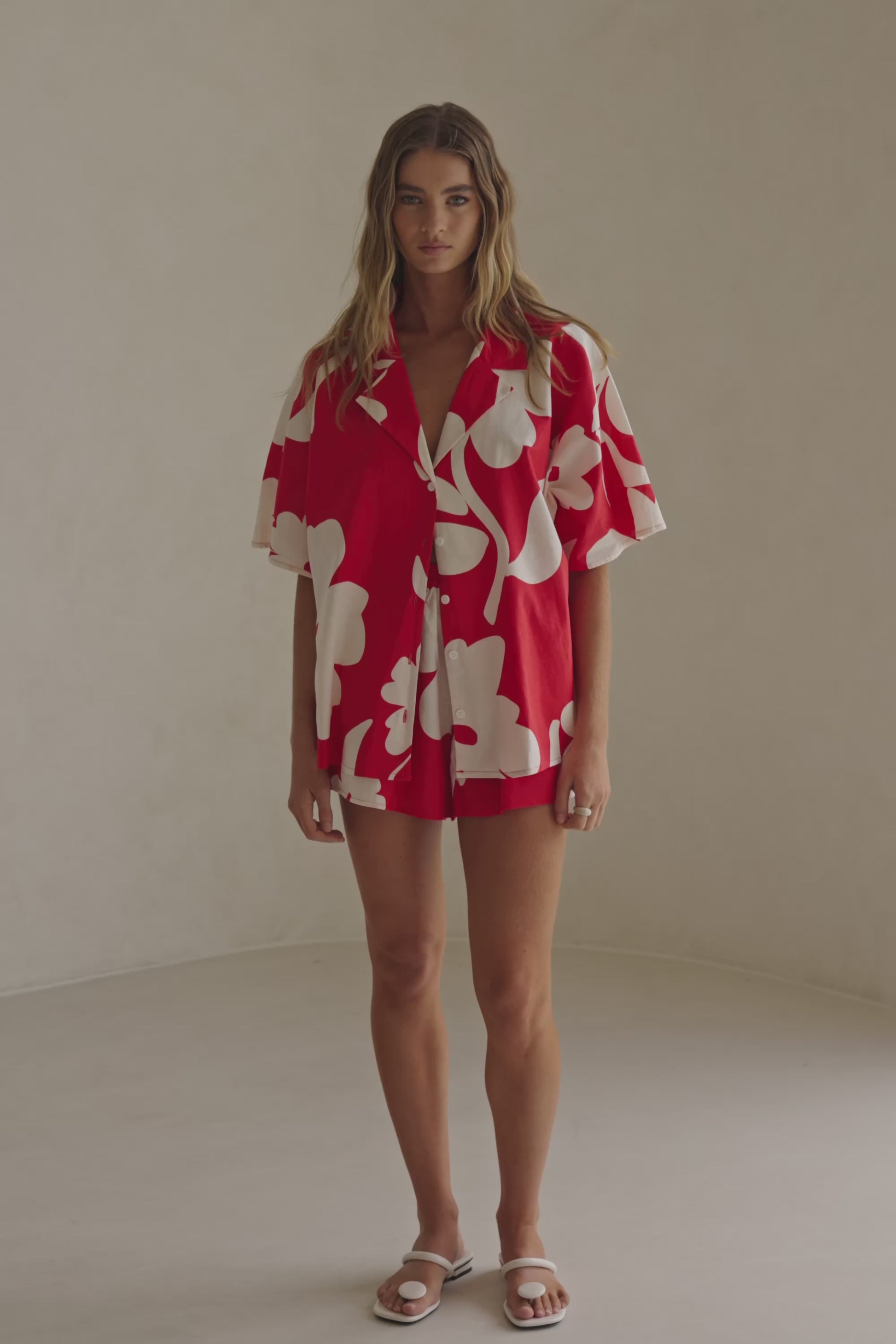 Red Sweet Caroline White Floral Button-Up Collared Karter Dress