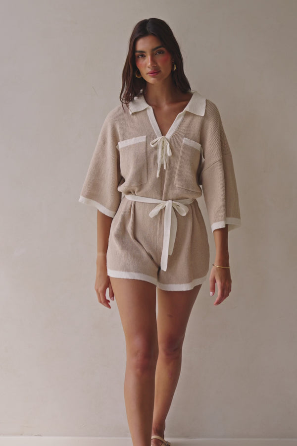 Tan Collar V Neck Tie Sammi Playsuit