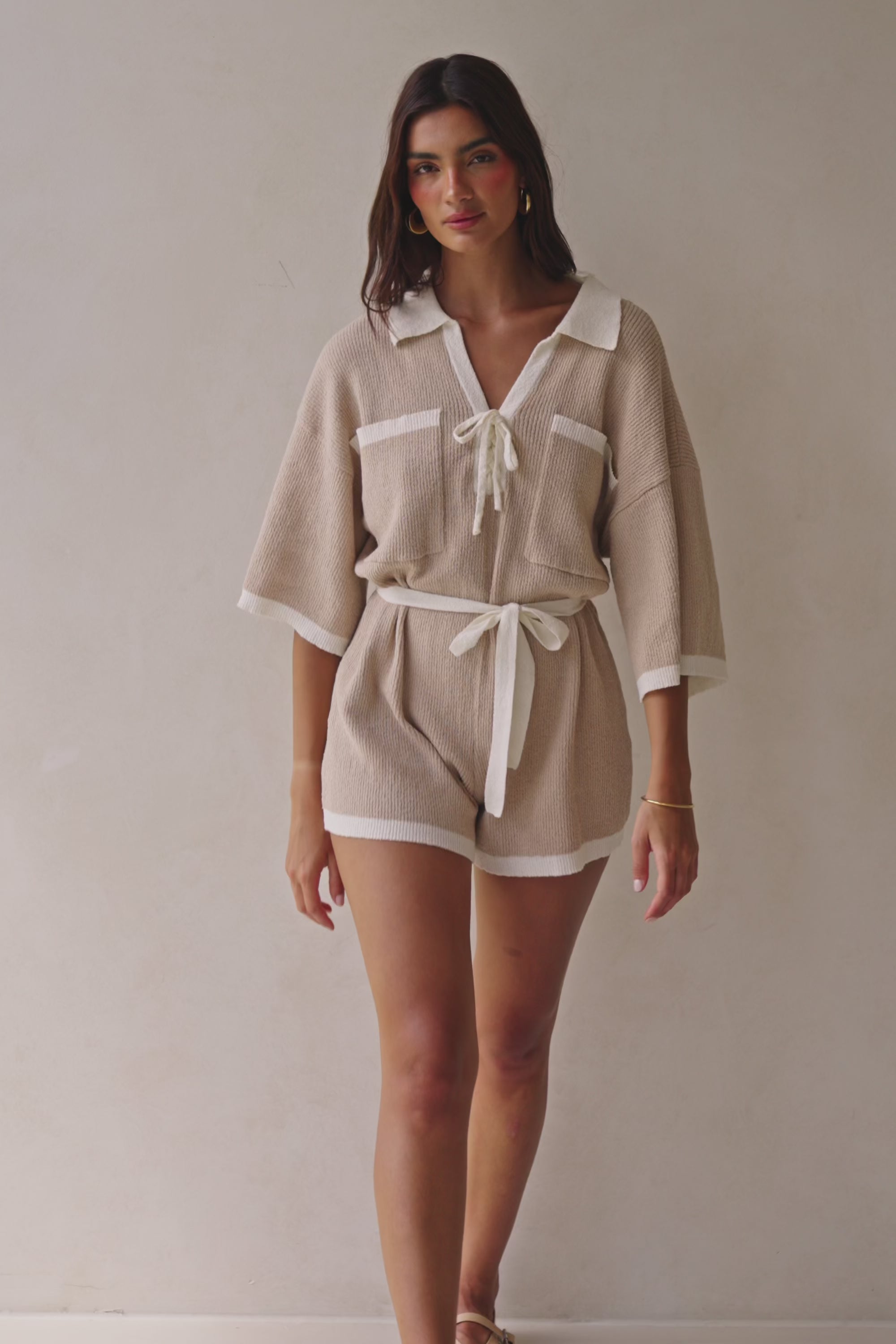 Tan Collar V Neck Tie Sammi Playsuit