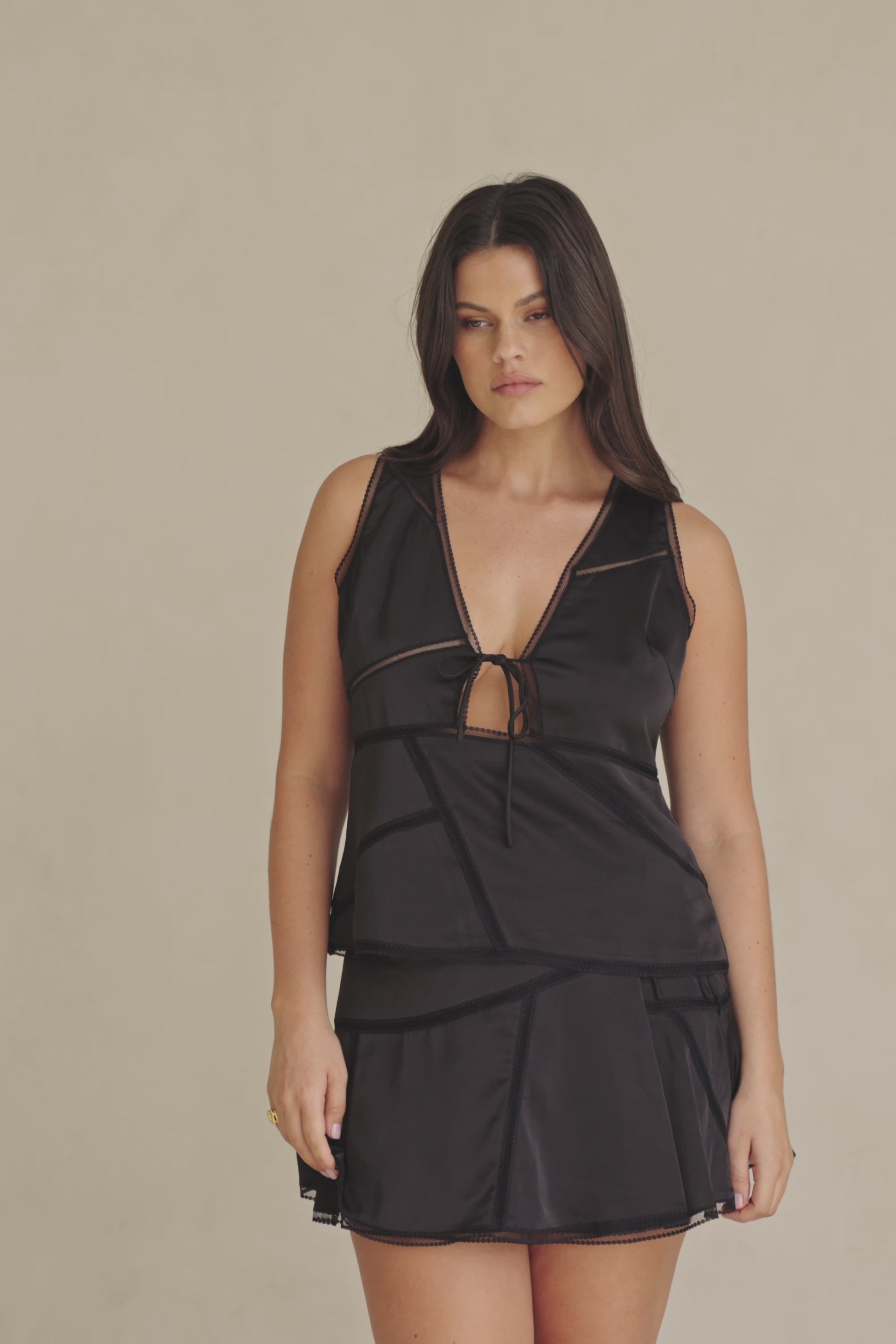 Black Silky Plunge Neck Tie Sable Top