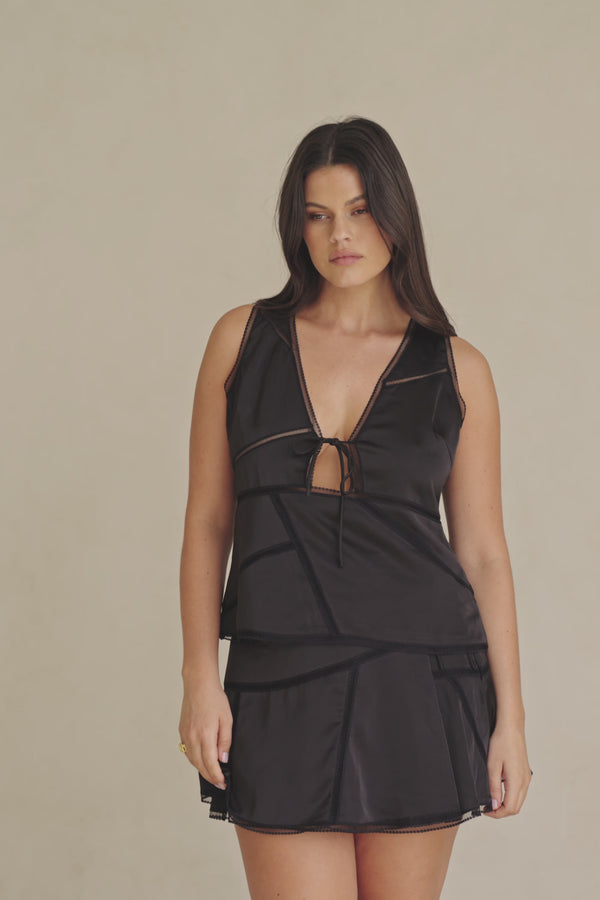 Black Silky Plunge Neck Tie Sable Top