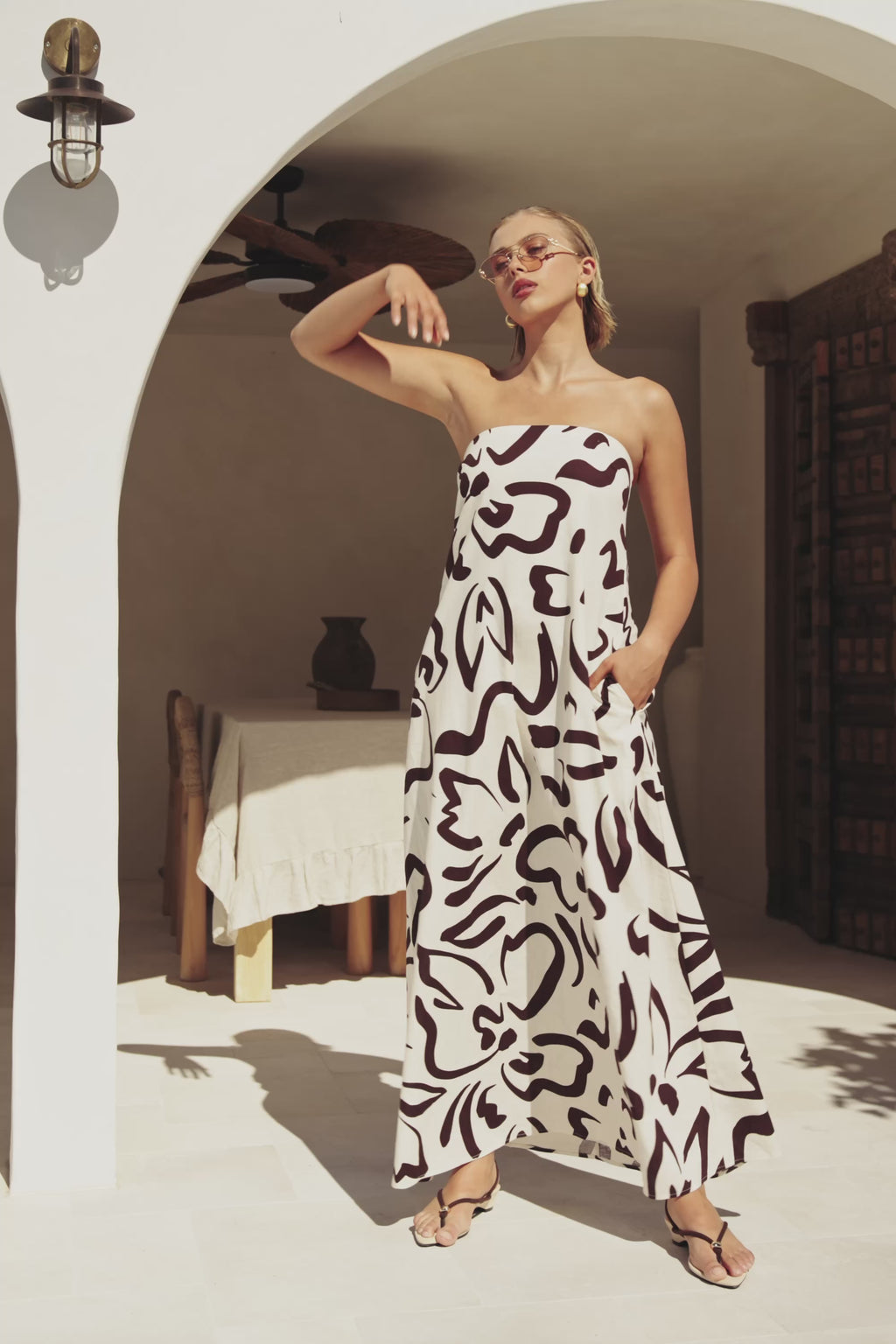 Cream Floral Fleur Lines Print Strapless Noah Dress