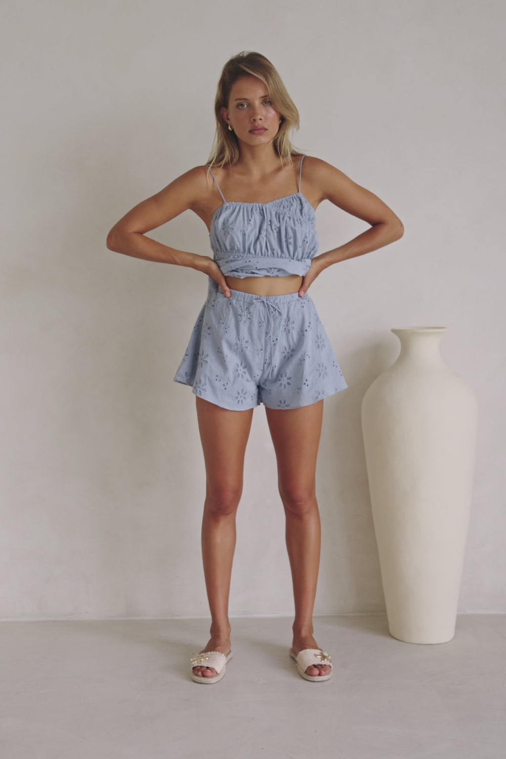 Blue Broderie Elastic Drawstring Octavia Shorts