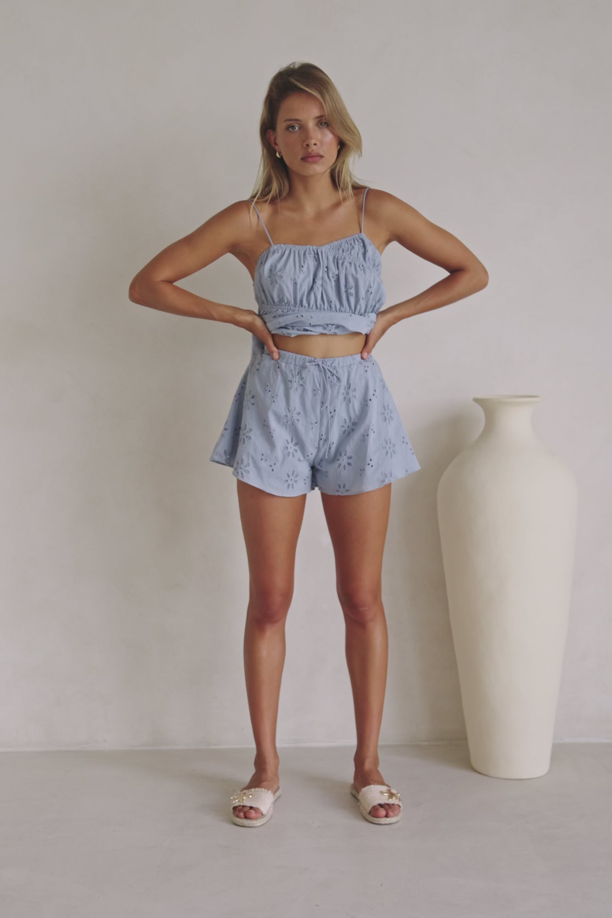 Blue Broderie Elastic Drawstring Octavia Shorts