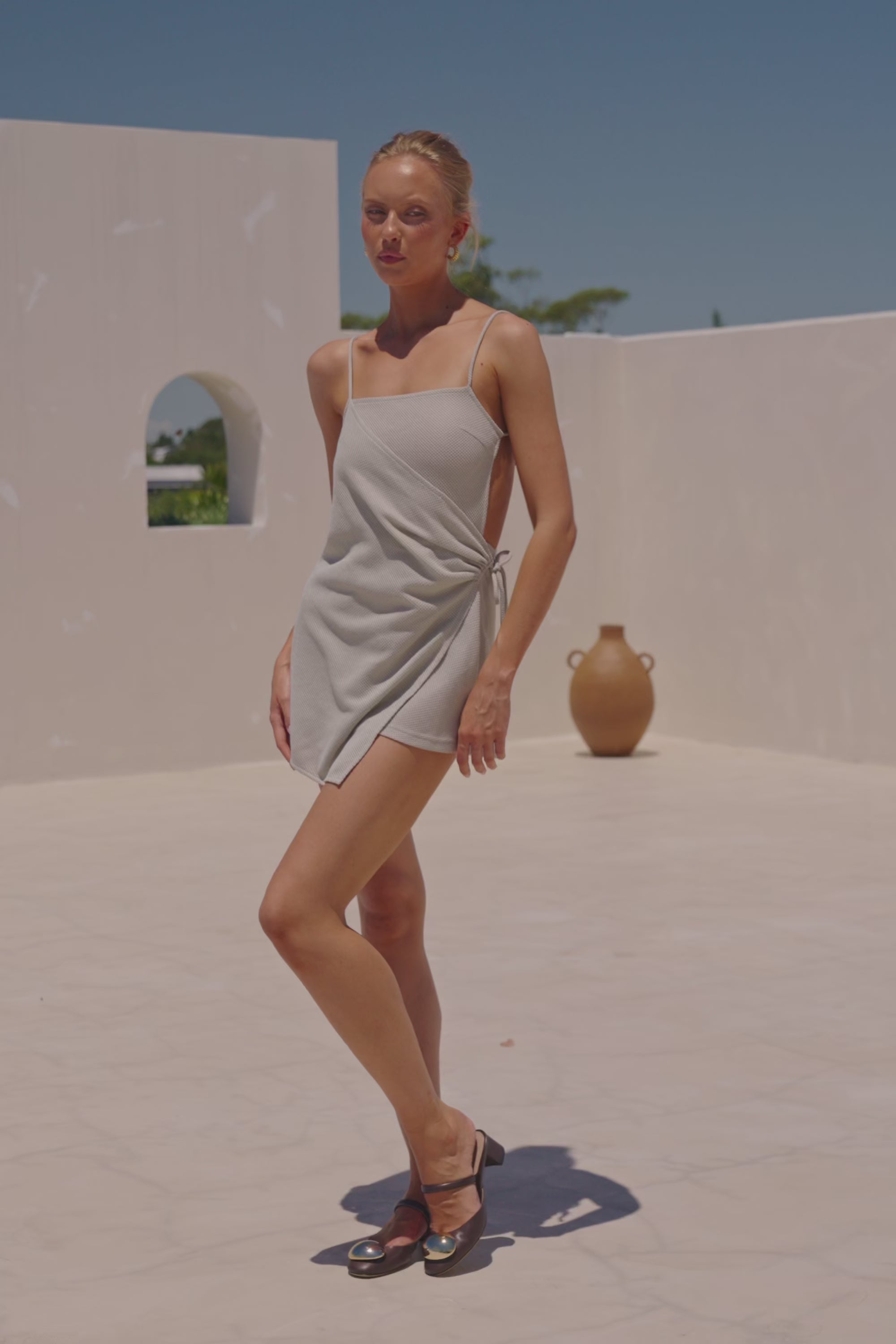 Grey Strappy Wrap Backless Mini Sweeney Dress