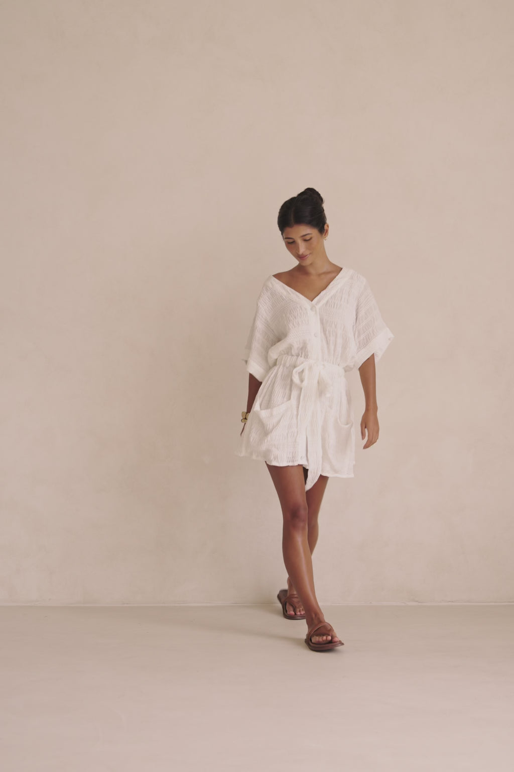 White Short Sleeve Button Mini Tarah Dress