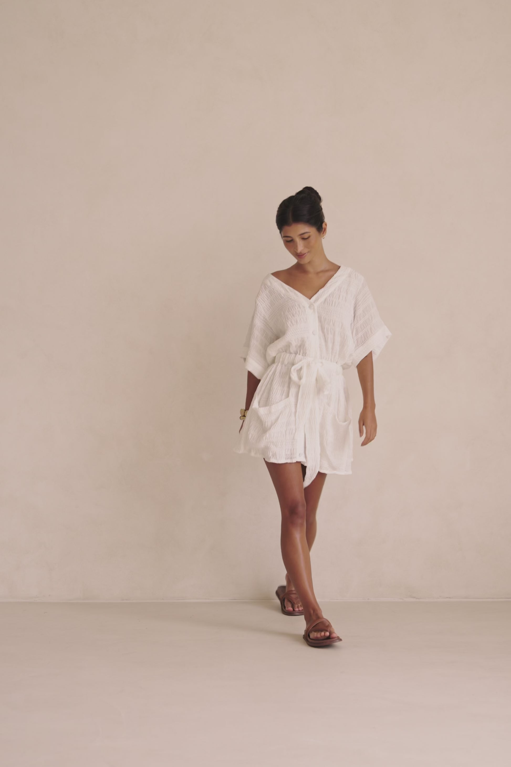 White Short Sleeve Button Mini Tarah Dress