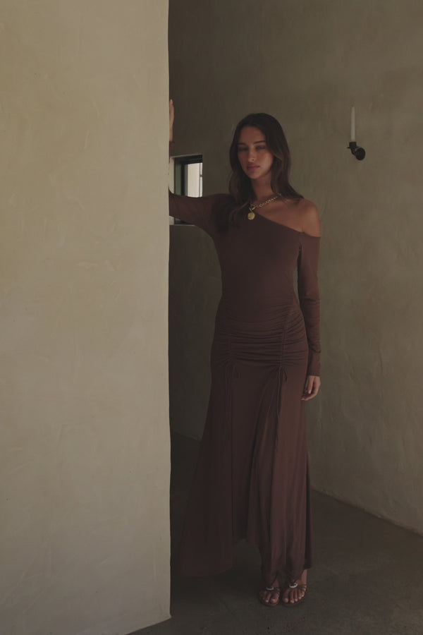 Chocolate Brown Asymmetric Draw Tie Maxi Callista Dress