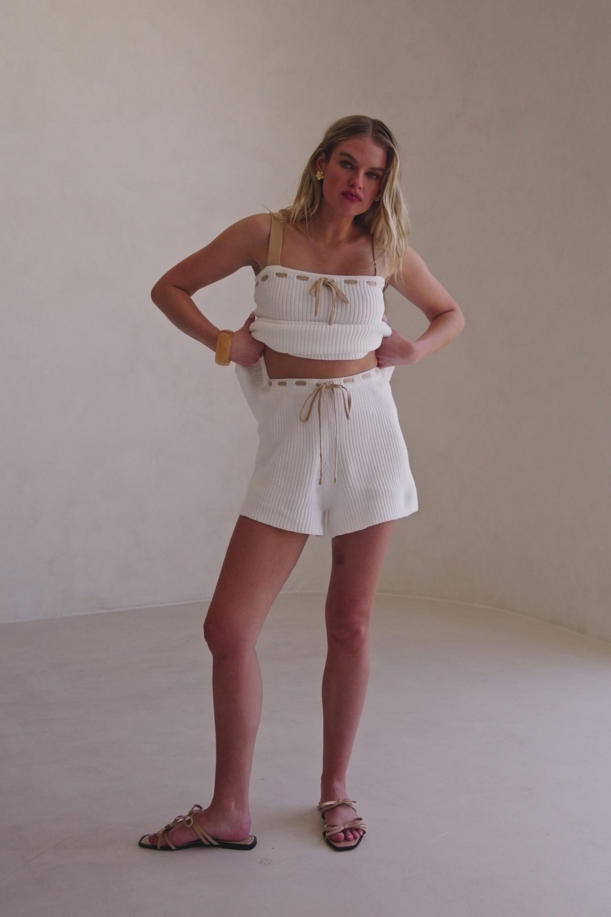 White Ribbed High Waist Tie Indigo Shorts