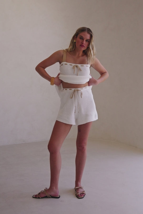White Ribbed High Waist Tie Indigo Shorts