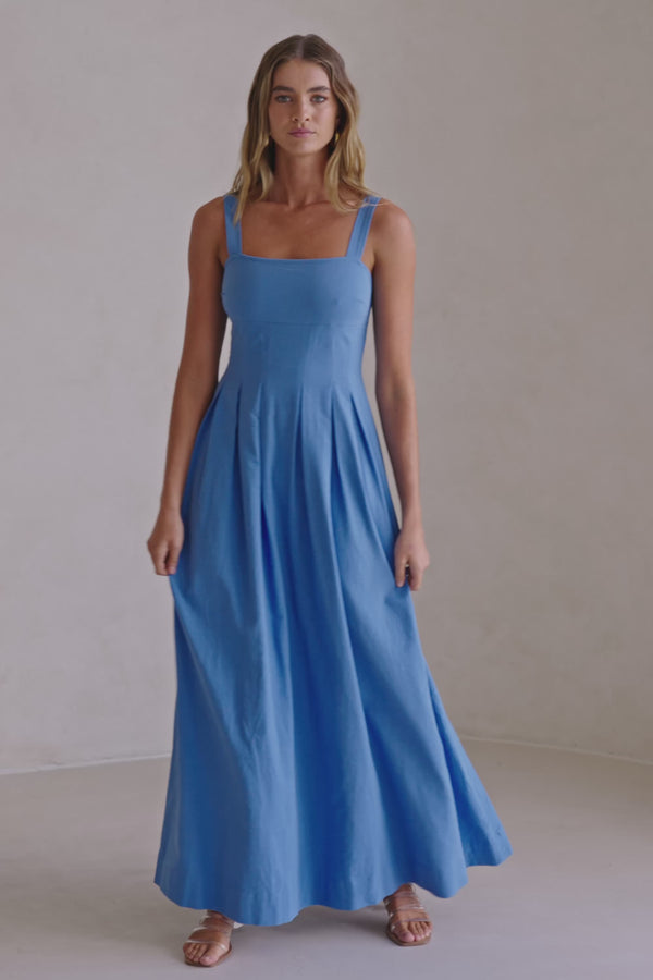 Blue Pleated Full Maxi Flore Dress