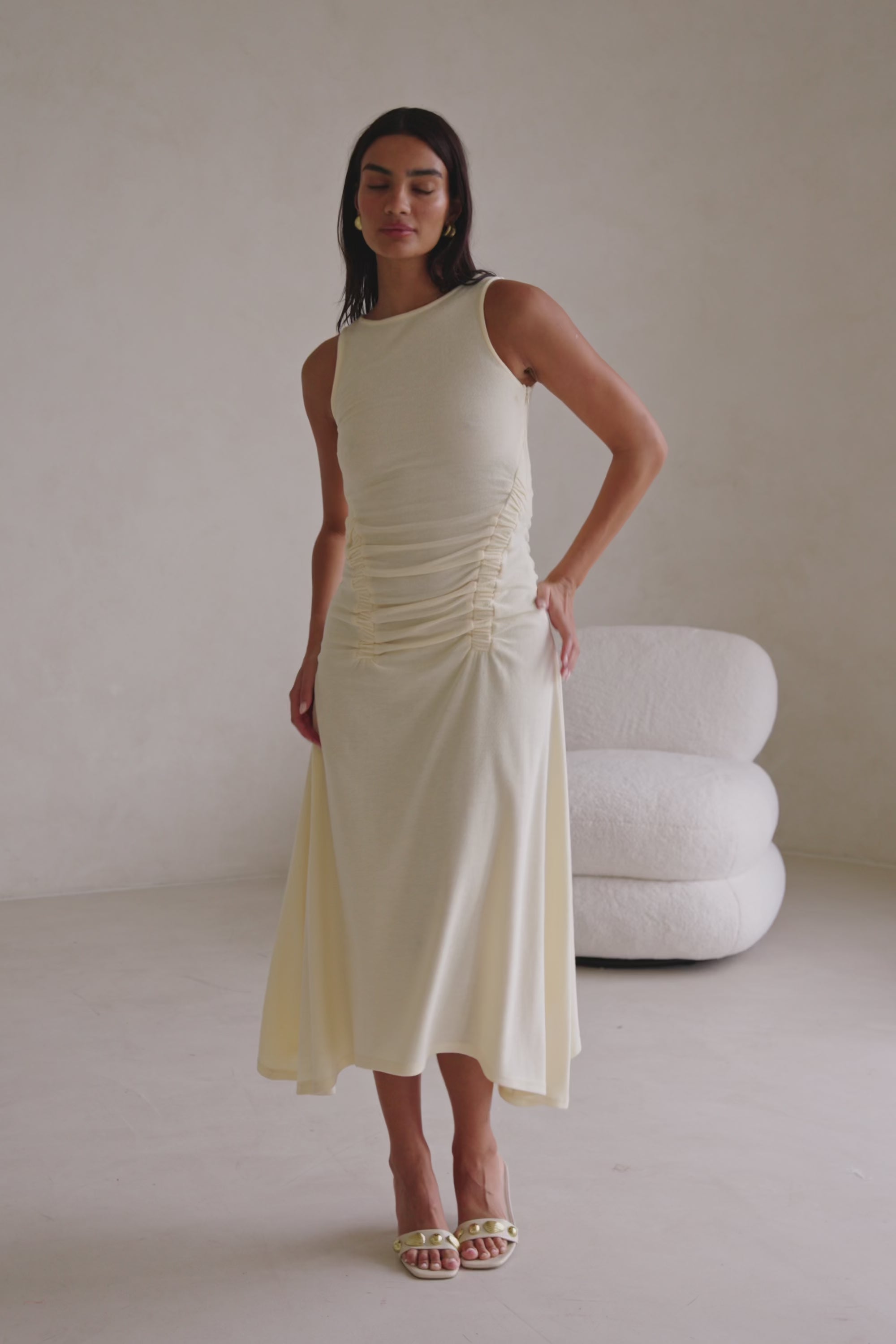 Cream Ruched Maxi Ema Dress