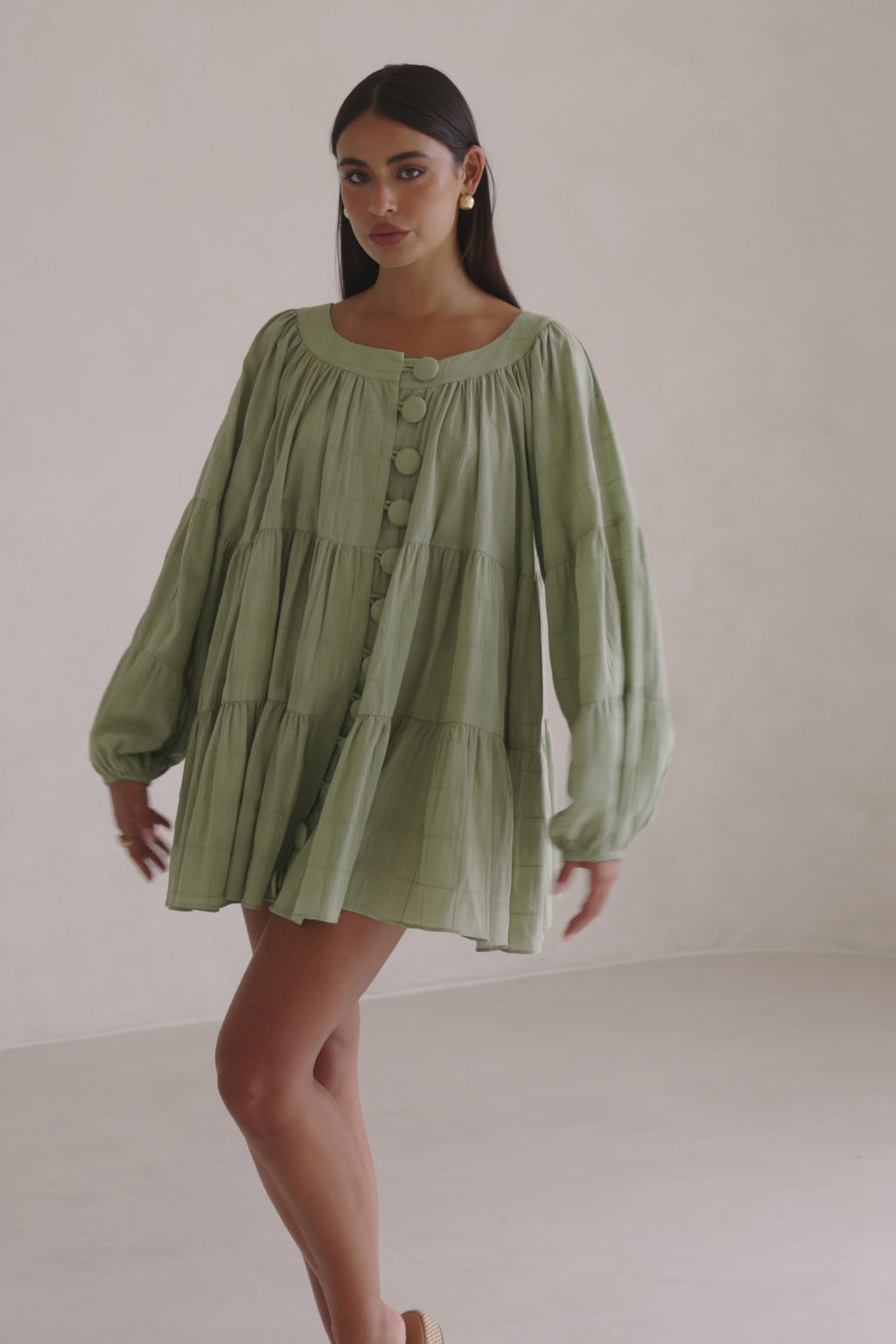 East Button Flounce Mini Dress - Green