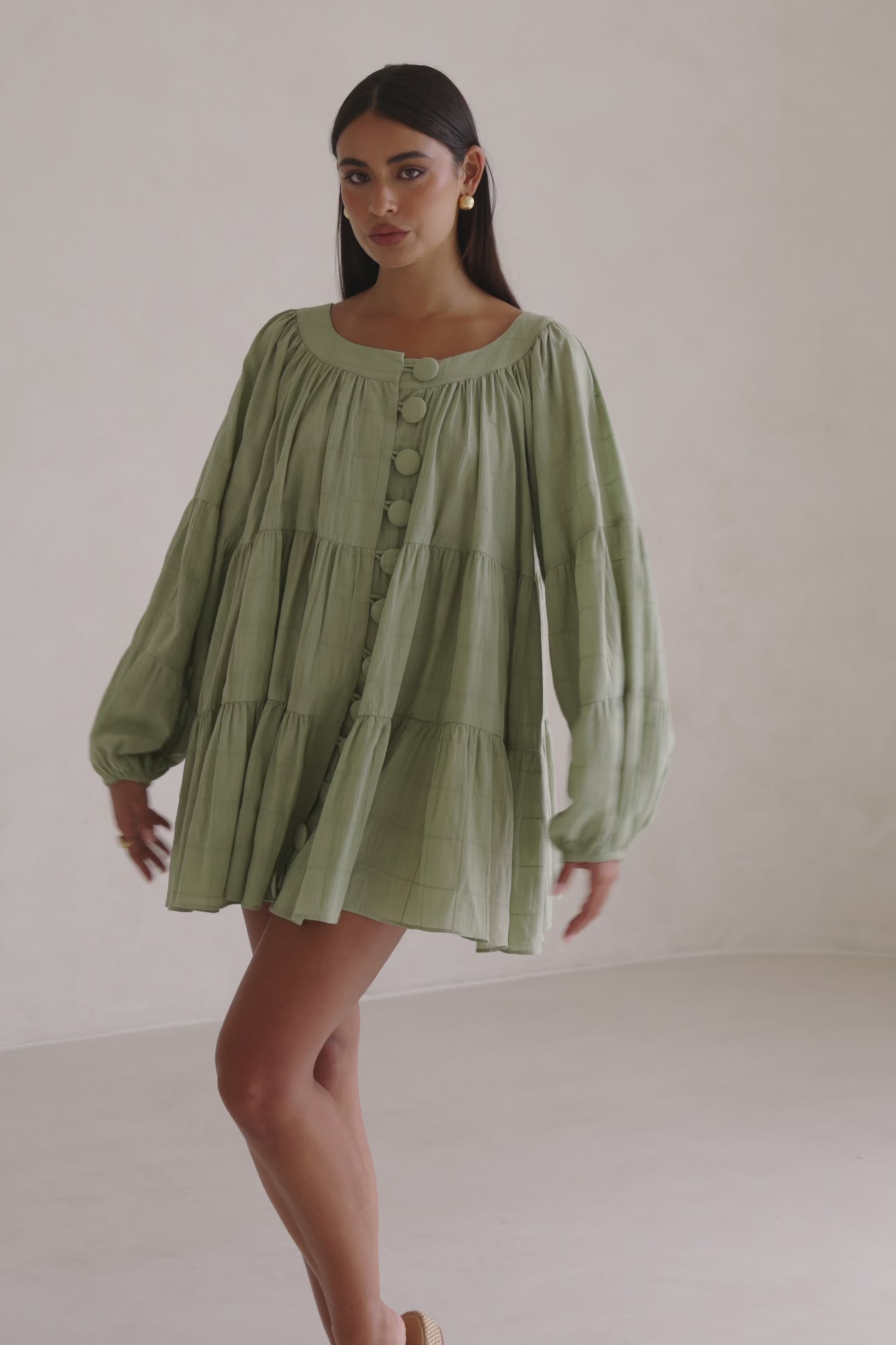 East Button Flounce Mini Dress - Green