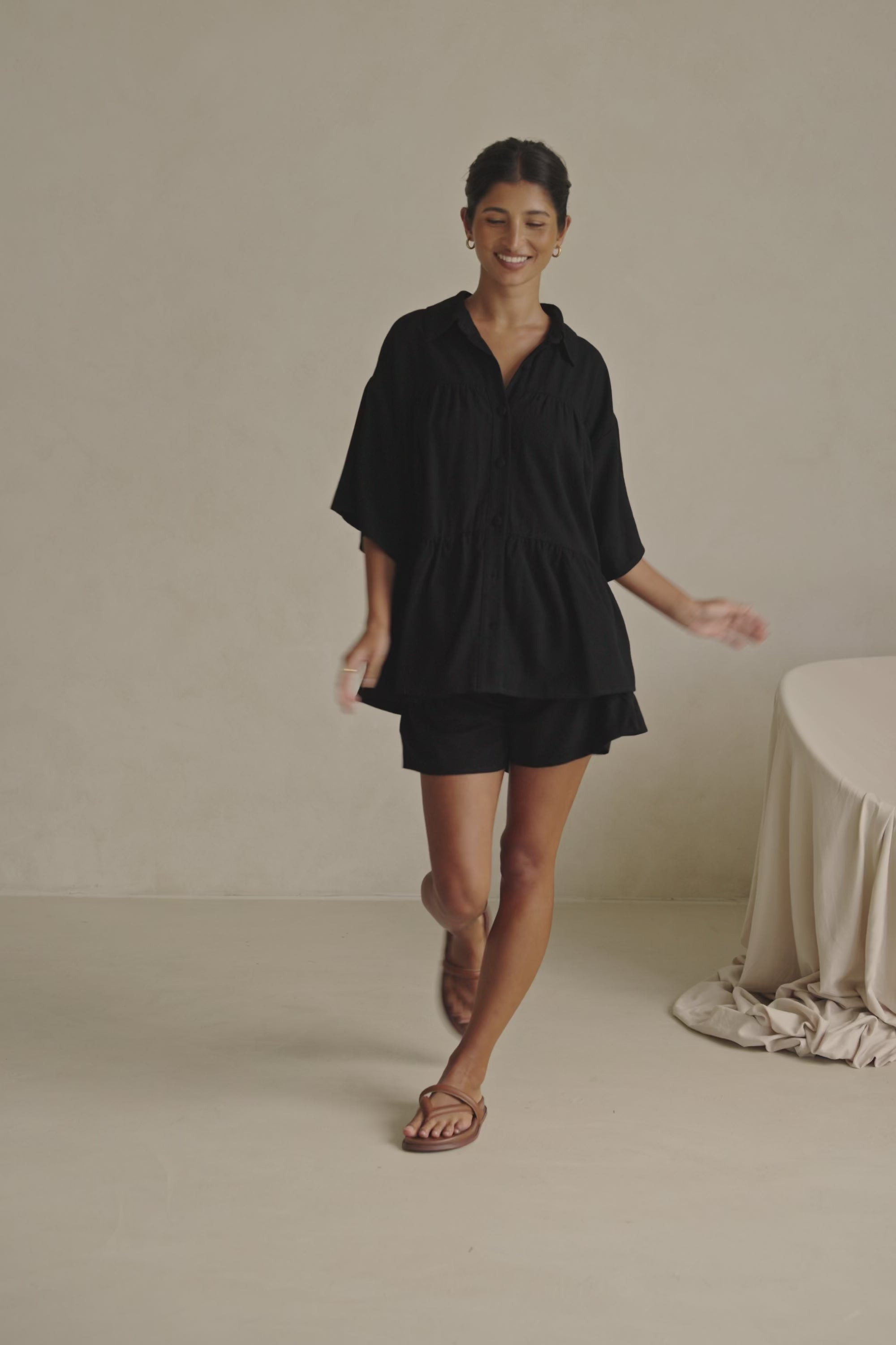 Black Short Sleeve Button Up Collar Luna Top