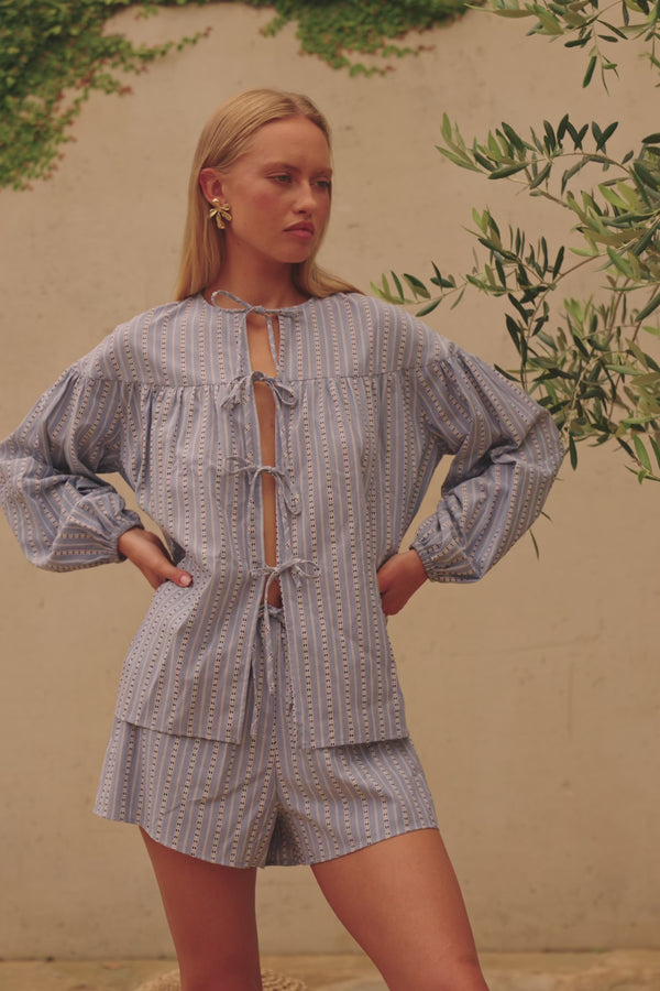 Blue Long Sleeve Round Neck Tie Mina Top