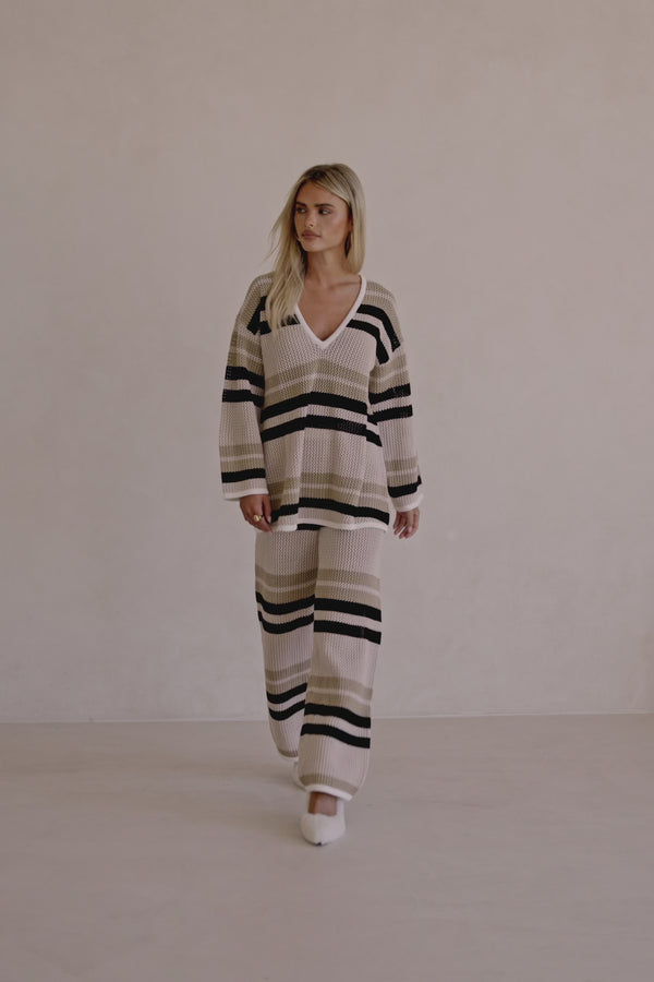 Beige and Brown Stripe Crochet Knit Paityn Pants