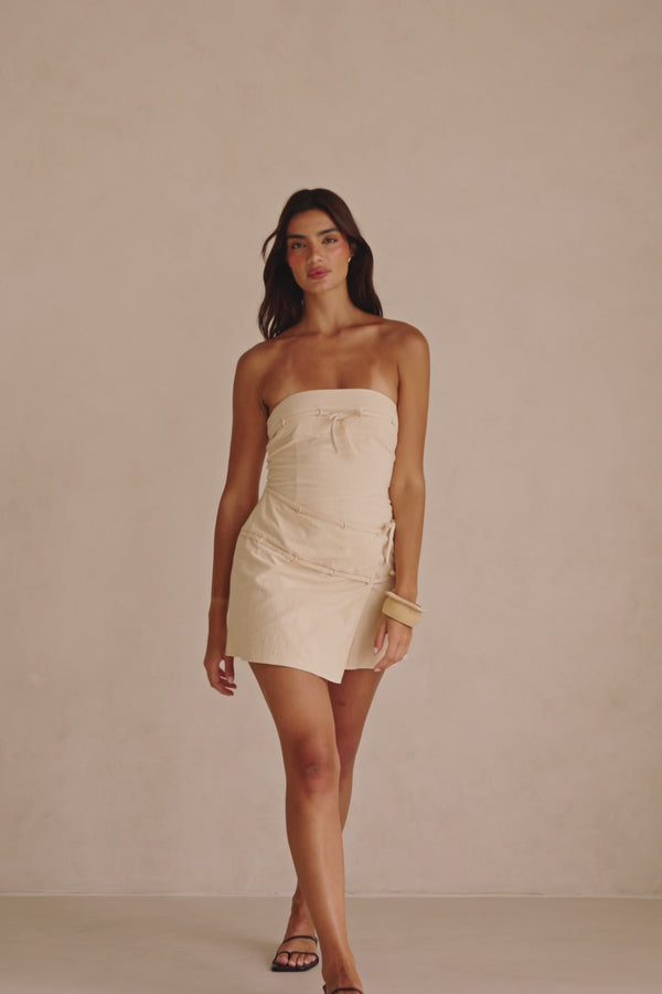 Bandera Strapless Mini Wrap Dress - Beige