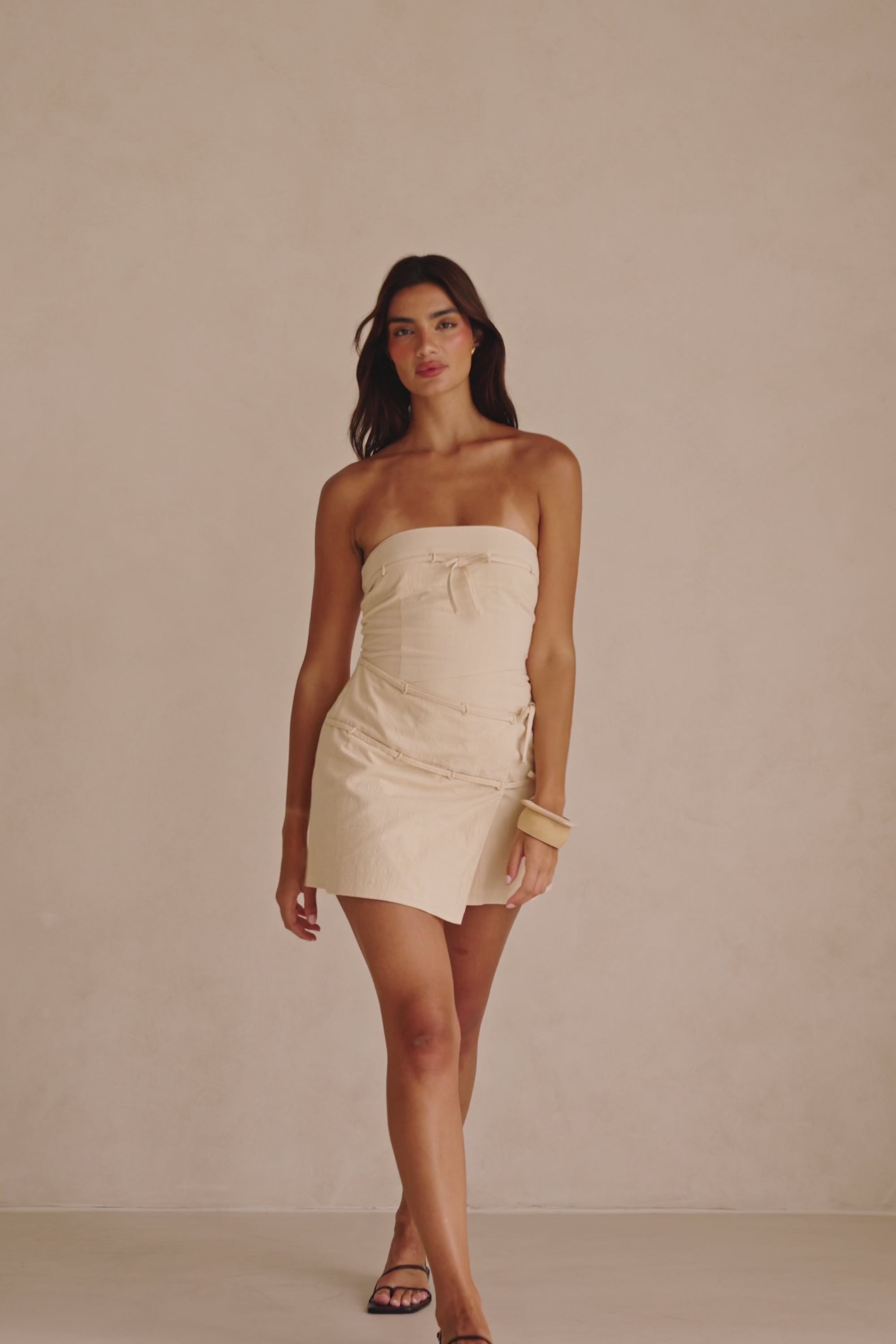 Bandera Strapless Mini Wrap Dress - Beige