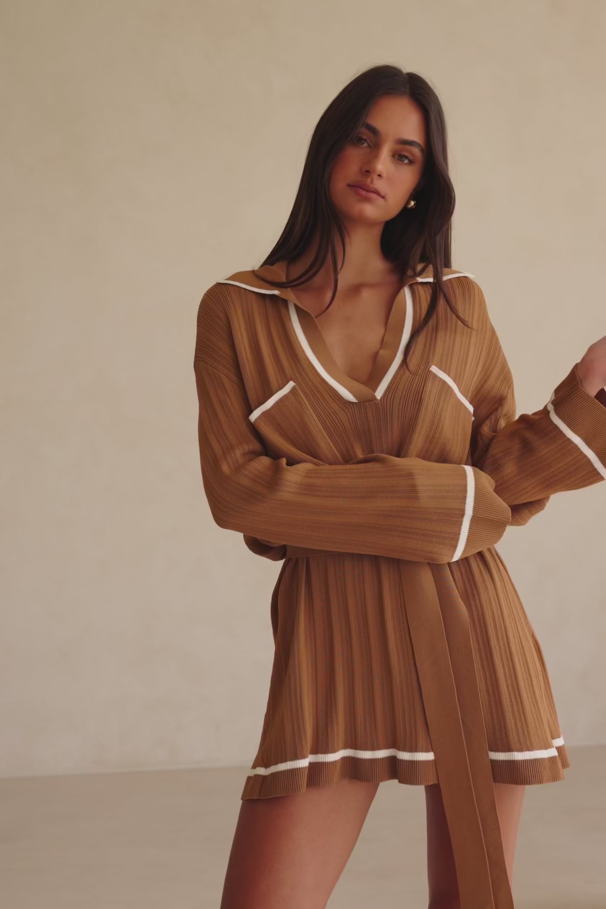 Brown V Neck Long Sleeve Pocket Mini Beau Dress