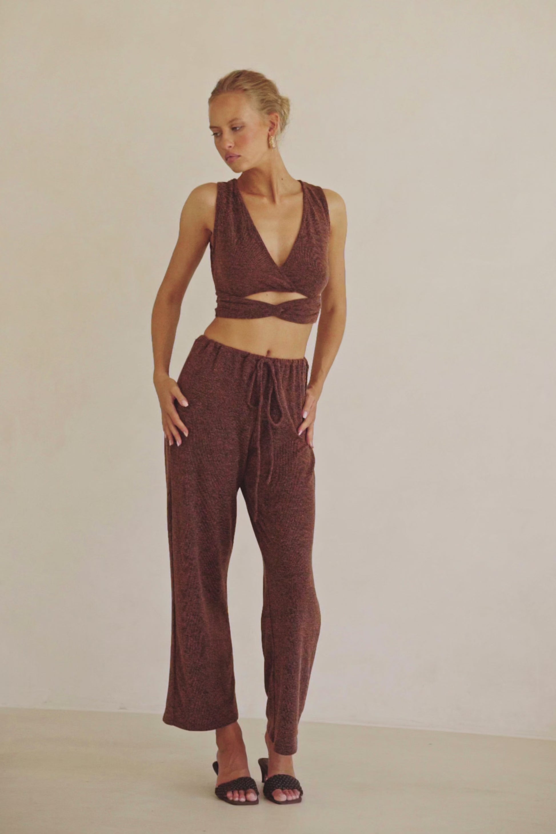 Brown Plunge V Neck Cutout Wrap Crop Sierra Top