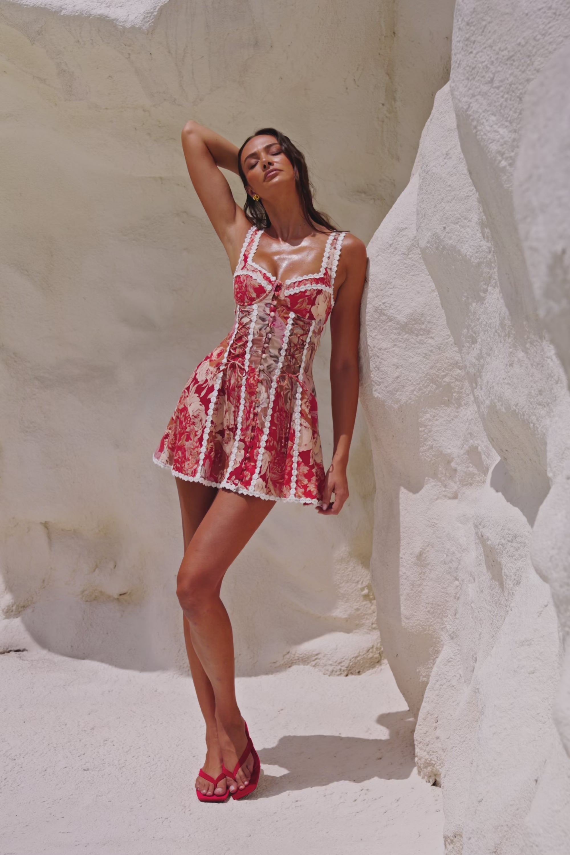 Red Floral Solafleur Lace Up Mini Camille Dress – SABO