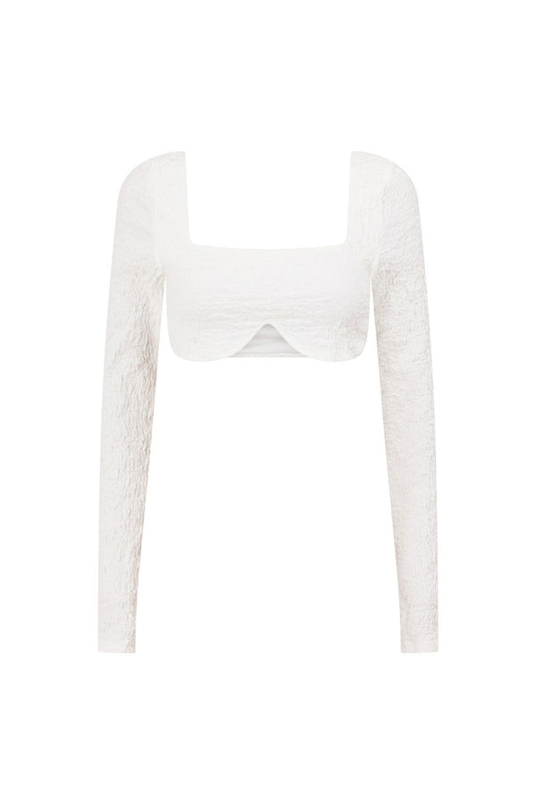 White Crinkle Long Sleeve Conturing Cropped Charlize Top