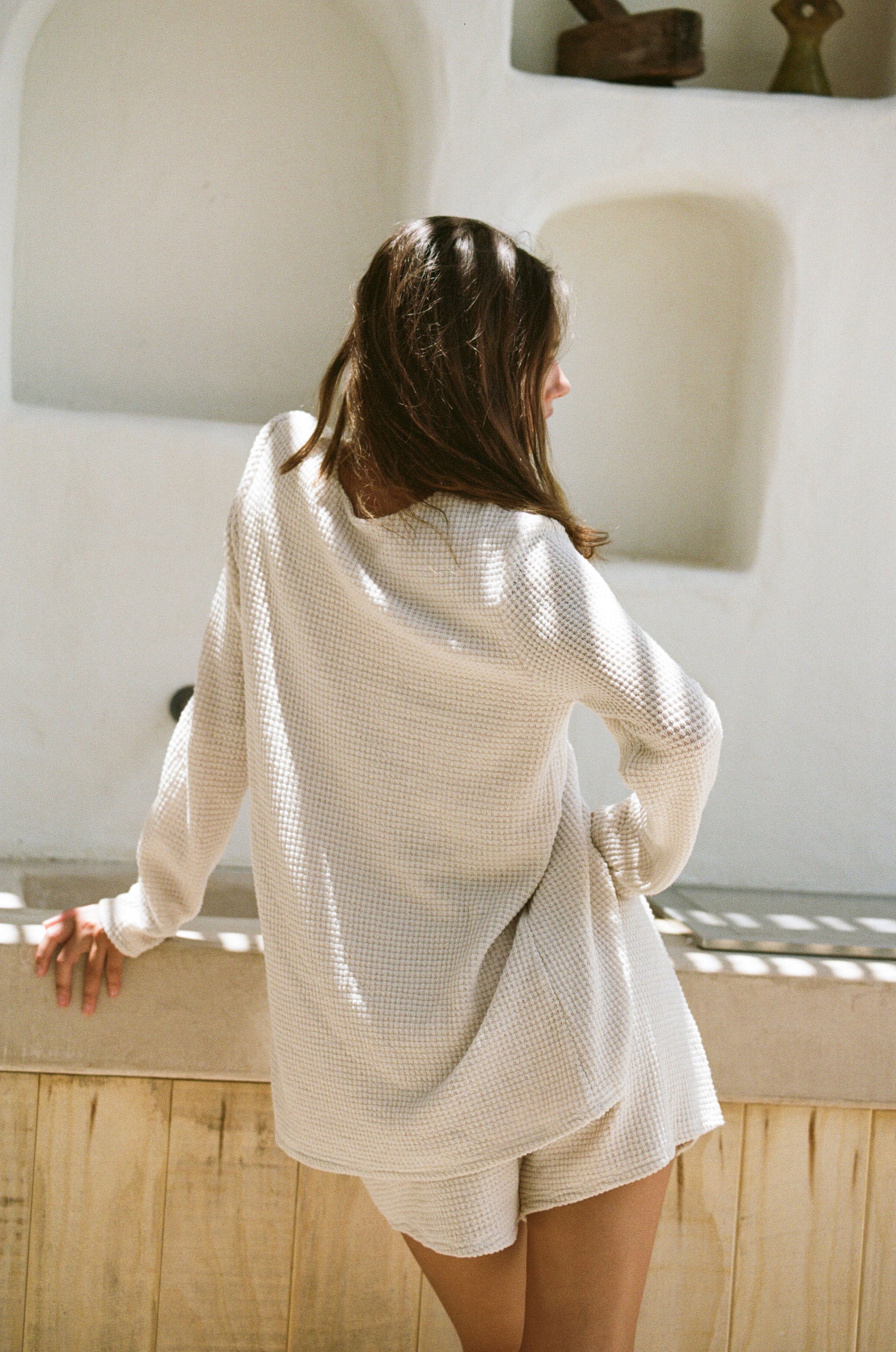 Beige High Waist Drawstring Emel Waffle Shorts